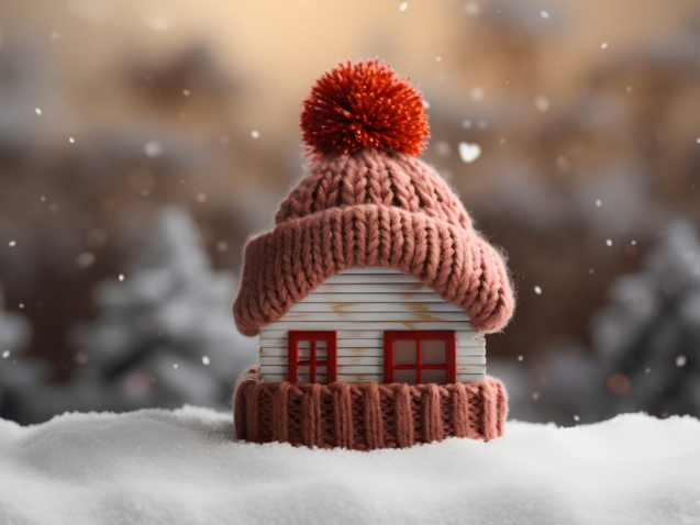 Proper insulation during the cold winter heating season. Cozy house with knitted cap placed on the roof. Energy efficiency and warmth. Save electricity with effective home insulation.