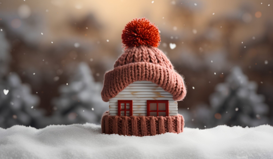 Proper insulation during the cold winter heating season. Cozy house with knitted cap placed on the roof. Energy efficiency and warmth. Save electricity with effective home insulation.